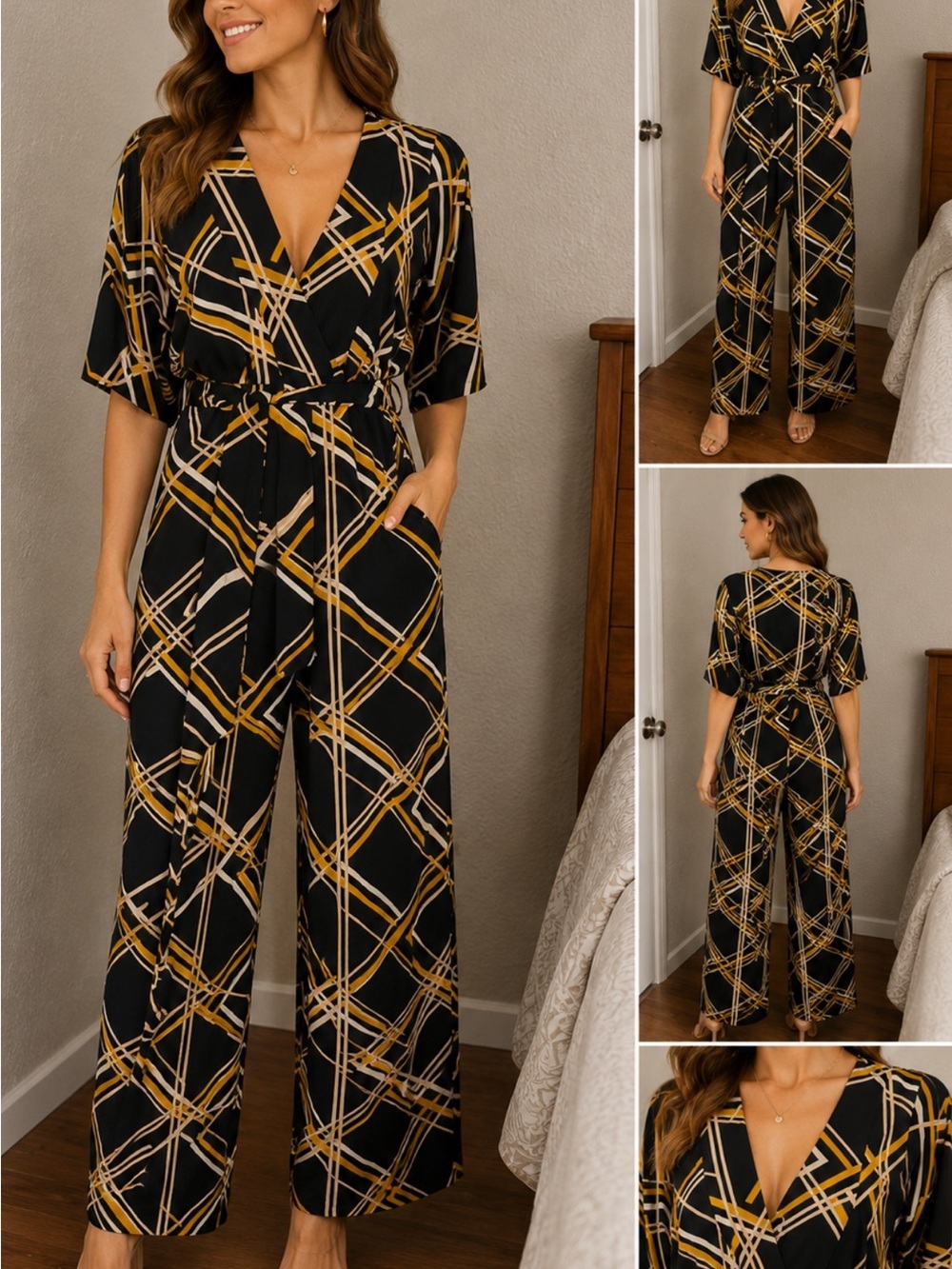 Forever 21 Black, Yellow & Cream Geometric Long Sleeve Jumpsuit # 76
